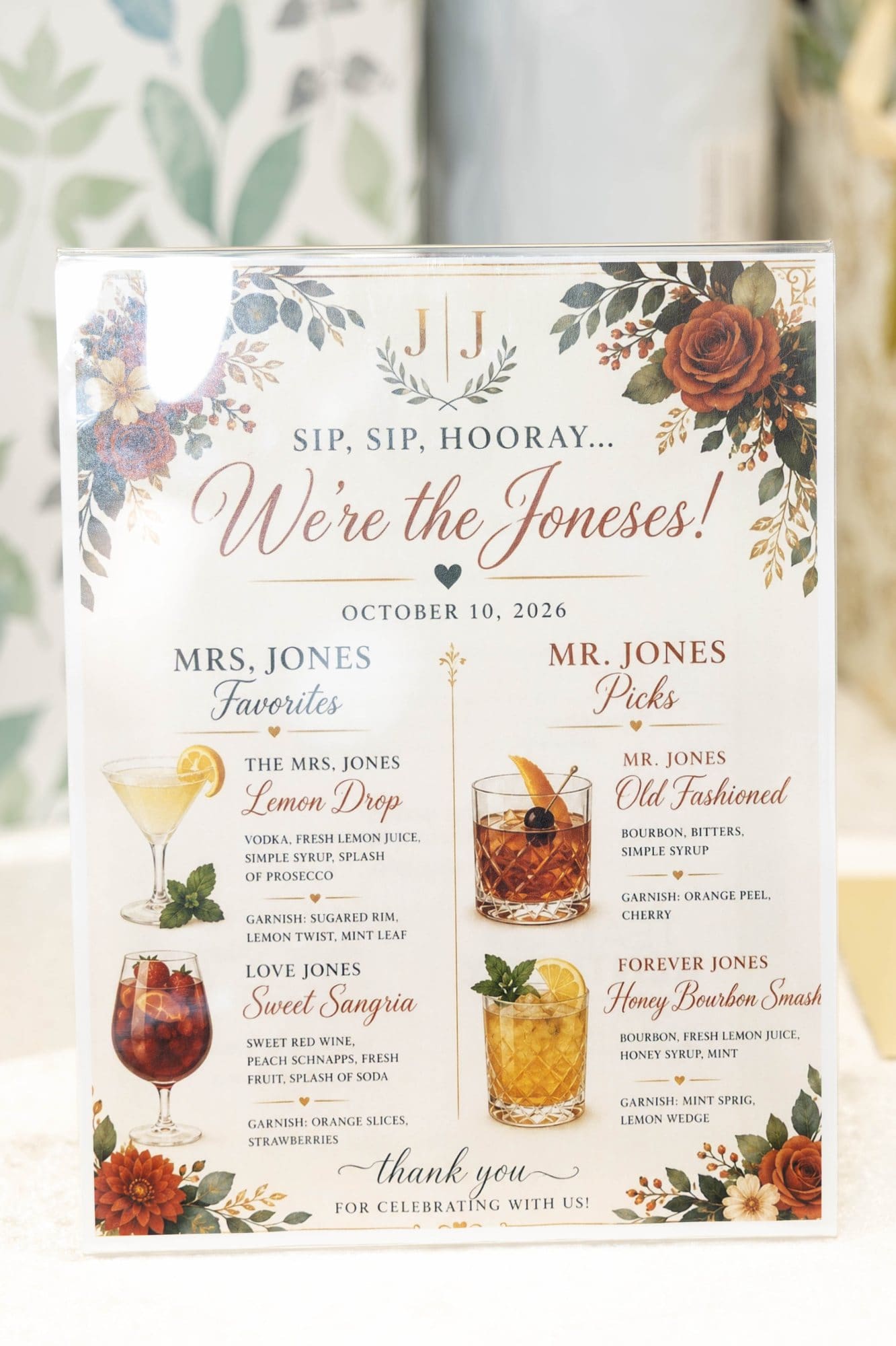 Signature cocktail menu titled Sip, Sip, Hooray... We're the Joneses with his and hers drinks